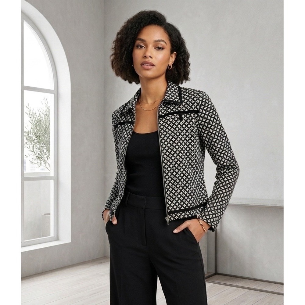Kookai‎ Black White Geometric Zip Up Jacket Size 38 / 6